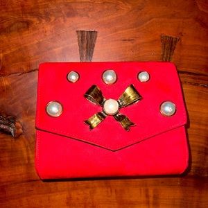 Red Suede Clutch Crossbody w/ Pearl & Gold Accents